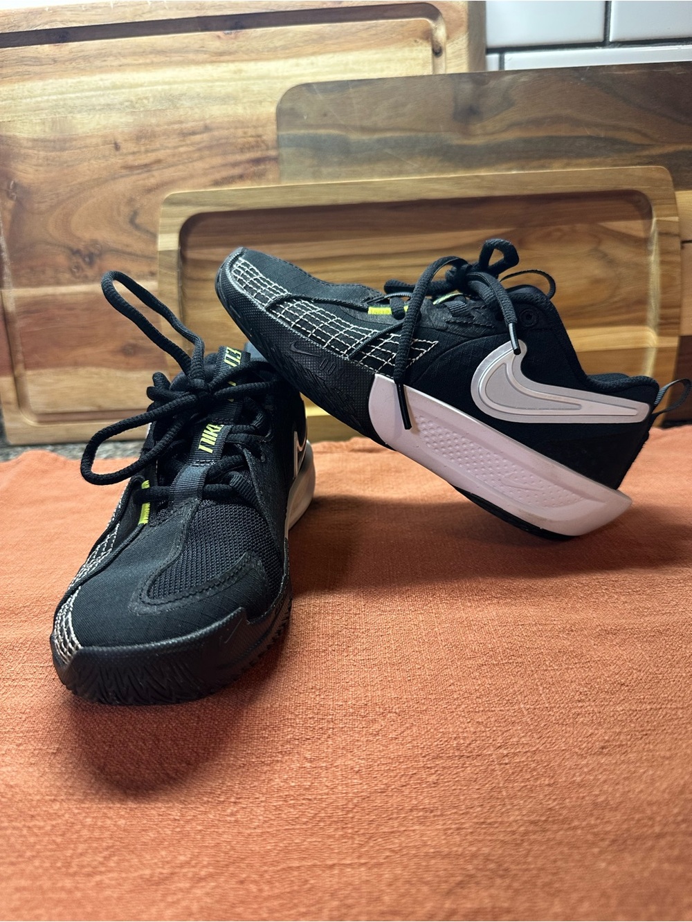 Nike Kids Black Sneakers with White Swoosh and Lime Accents size 1